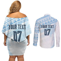 Fiji Rugby Custom Kaiviti Masi Couples Matching Off Shoulder Short Dress and Long Sleeve Button Shirt Turquoise - Polynesian Pride