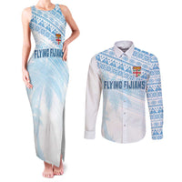 Fiji Rugby Custom Kaiviti Masi Couples Matching Tank Maxi Dress and Long Sleeve Button Shirt Turquoise - Polynesian Pride