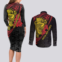Papua New Guinea 49th Independence Day Couples Matching Long Sleeve Bodycon Dress and Long Sleeve Button Shirt Motuan Revareva Bird-of-Paradise