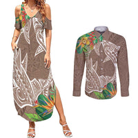 Polynesia Couples Matching Summer Maxi Dress and Long Sleeve Button Shirt Sharks Duo Tropical Brown