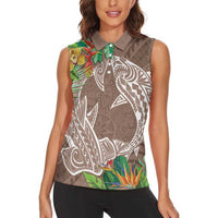 Polynesia Women Sleeveless Polo Shirt Sharks Duo Tropical Brown