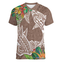 Polynesia Women V-Neck T-Shirt Sharks Duo Tropical Brown