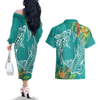 Polynesia Couples Matching Off The Shoulder Long Sleeve Dress and Hawaiian Shirt Sharks Duo Tropical Teal