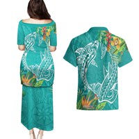 Polynesia Couples Matching Puletasi and Hawaiian Shirt Sharks Duo Tropical Teal