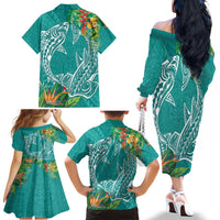 Polynesia Family Matching Off The Shoulder Long Sleeve Dress and Hawaiian Shirt Sharks Duo Tropical Teal