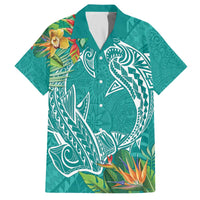 Polynesia Family Matching Off The Shoulder Long Sleeve Dress and Hawaiian Shirt Sharks Duo Tropical Teal