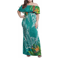 Polynesia Family Matching Off Shoulder Maxi Dress and Hawaiian Shirt Sharks Duo Tropical Teal