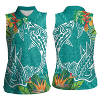 Polynesia Women Sleeveless Polo Shirt Sharks Duo Tropical Teal