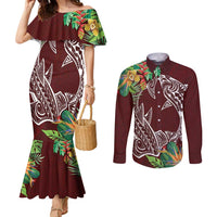 Polynesia Couples Matching Mermaid Dress and Long Sleeve Button Shirt Sharks Duo Tropical Oxblood