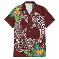 Polynesia Family Matching Long Sleeve Bodycon Dress and Hawaiian Shirt Sharks Duo Tropical Oxblood LT7 Dad's Shirt - Short Sleeve Oxblood - Polynesian Pride