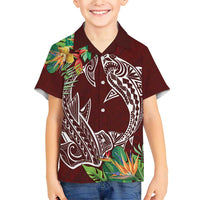 Polynesia Family Matching Short Sleeve Bodycon Dress and Hawaiian Shirt Sharks Duo Tropical Oxblood LT7 Son's Shirt Oxblood - Polynesian Pride