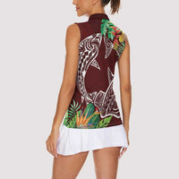 Polynesia Women Sleeveless Polo Shirt Sharks Duo Tropical Oxblood