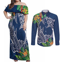 Polynesia Couples Matching Off Shoulder Maxi Dress and Long Sleeve Button Shirt Sharks Duo Tropical Navy