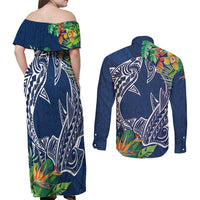 Polynesia Couples Matching Off Shoulder Maxi Dress and Long Sleeve Button Shirt Sharks Duo Tropical Navy