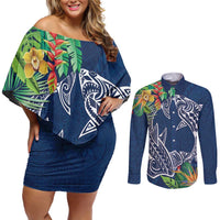 Polynesia Couples Matching Off Shoulder Short Dress and Long Sleeve Button Shirt Sharks Duo Tropical Navy