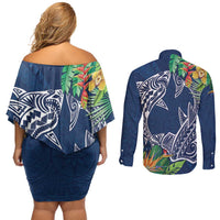 Polynesia Couples Matching Off Shoulder Short Dress and Long Sleeve Button Shirt Sharks Duo Tropical Navy