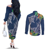 Polynesia Couples Matching Off The Shoulder Long Sleeve Dress and Long Sleeve Button Shirt Sharks Duo Tropical Navy