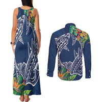 Polynesia Couples Matching Tank Maxi Dress and Long Sleeve Button Shirt Sharks Duo Tropical Navy