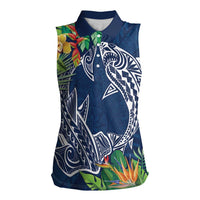 Polynesia Women Sleeveless Polo Shirt Sharks Duo Tropical Navy