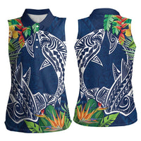 Polynesia Women Sleeveless Polo Shirt Sharks Duo Tropical Navy