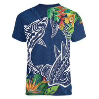 Polynesia Women V-Neck T-Shirt Sharks Duo Tropical Navy