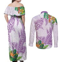 Polynesia Couples Matching Off Shoulder Maxi Dress and Long Sleeve Button Shirt Sharks Duo Tropical Lavender