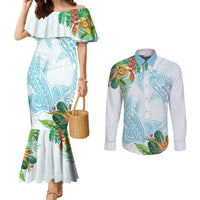 Polynesia Couples Matching Mermaid Dress and Long Sleeve Button Shirt Sharks Duo Tropical Turquoise