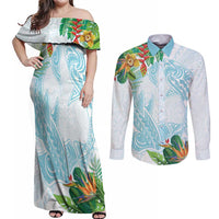 Polynesia Couples Matching Off Shoulder Maxi Dress and Long Sleeve Button Shirt Sharks Duo Tropical Turquoise