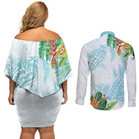 Polynesia Couples Matching Off Shoulder Short Dress and Long Sleeve Button Shirt Sharks Duo Tropical Turquoise