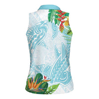 Polynesia Women Sleeveless Polo Shirt Sharks Duo Tropical Turquoise