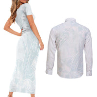 Polynesia Couples Matching Short Sleeve Bodycon Dress and Long Sleeve Button Shirt Sharks Duo Tropical Off White