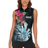 Niue Personalised Women Sleeveless Polo Shirt Hiapo Mix Coconut Crab