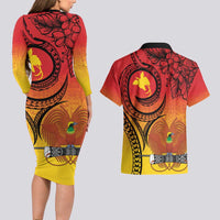 Papua New Guinea 50 Years Couples Matching Long Sleeve Bodycon Dress and Hawaiian Shirt Motuan Motifs