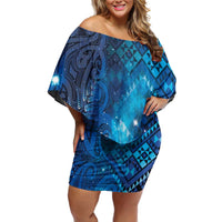 Aotearoa Taniko Matariki Off Shoulder Short Dress Cosmic Blue