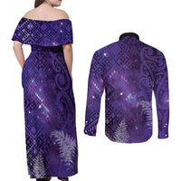 Aotearoa Taniko Matariki Couples Matching Off Shoulder Maxi Dress and Long Sleeve Button Shirt Cosmic Violet