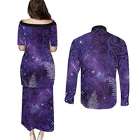 Aotearoa Taniko Matariki Couples Matching Puletasi and Long Sleeve Button Shirt Cosmic Violet