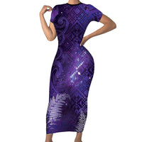 Aotearoa Taniko Matariki Family Matching Short Sleeve Bodycon Dress and Hawaiian Shirt Cosmic Violet LT7 Mom's Dress Purple - Polynesian Pride