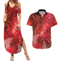 Aotearoa Taniko Matariki Couples Matching Summer Maxi Dress and Hawaiian Shirt Cosmic Red