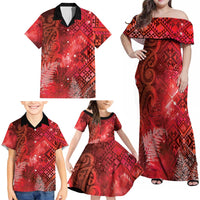 Aotearoa Taniko Matariki Family Matching Off Shoulder Maxi Dress and Hawaiian Shirt Cosmic Red
