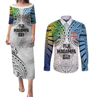 Malampa Fiji Day Couples Matching Puletasi and Long Sleeve Button Shirt Gradient Style