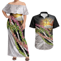 Hawaii Mokihana Mix Pikake Leis Mahalo 'Olelo Couples Matching Off Shoulder Maxi Dress and Hawaiian Shirt Black