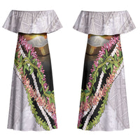 Hawaii Mokihana Mix Pikake Leis Mahalo 'Olelo Couples Matching Off Shoulder Maxi Dress and Hawaiian Shirt Black