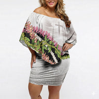 Hawaii Mokihana Mix Pikake Leis Mahalo 'Olelo Off Shoulder Short Dress White Tapa LT7 Women White - Polynesian Pride