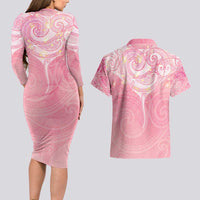 Breast Cancer Awareness Maori Aotearoa Couples Matching Long Sleeve Bodycon Dress and Hawaiian Shirt Manta Ray - Pink Glaze LT7 - Polynesian Pride