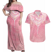Breast Cancer Awareness Maori Aotearoa Couples Matching Off Shoulder Maxi Dress and Hawaiian Shirt Manta Ray - Pink Glaze LT7 Pink - Polynesian Pride
