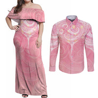 Breast Cancer Awareness Maori Aotearoa Couples Matching Off Shoulder Maxi Dress and Long Sleeve Button Shirt Manta Ray - Pink Glaze - Polynesian Pride