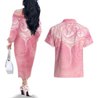 Breast Cancer Awareness Maori Aotearoa Couples Matching Off The Shoulder Long Sleeve Dress and Hawaiian Shirt Manta Ray - Pink Glaze LT7 - Polynesian Pride