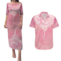Breast Cancer Awareness Maori Aotearoa Couples Matching Puletasi and Hawaiian Shirt Manta Ray - Pink Glaze LT7 Pink - Polynesian Pride