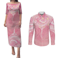 Breast Cancer Awareness Maori Aotearoa Couples Matching Puletasi and Long Sleeve Button Shirt Manta Ray - Pink Glaze - Polynesian Pride