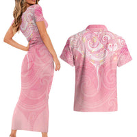 Breast Cancer Awareness Maori Aotearoa Couples Matching Short Sleeve Bodycon Dress and Hawaiian Shirt Manta Ray - Pink Glaze LT7 - Polynesian Pride